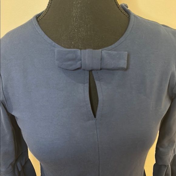 Navy Blue Sheath Dress with Mock Neck and Bell Sleeves for Work - Picture 6 of 12